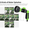 A green foam cleaning gun is shown with eight different water spray patterns being demonstrated on a surface.