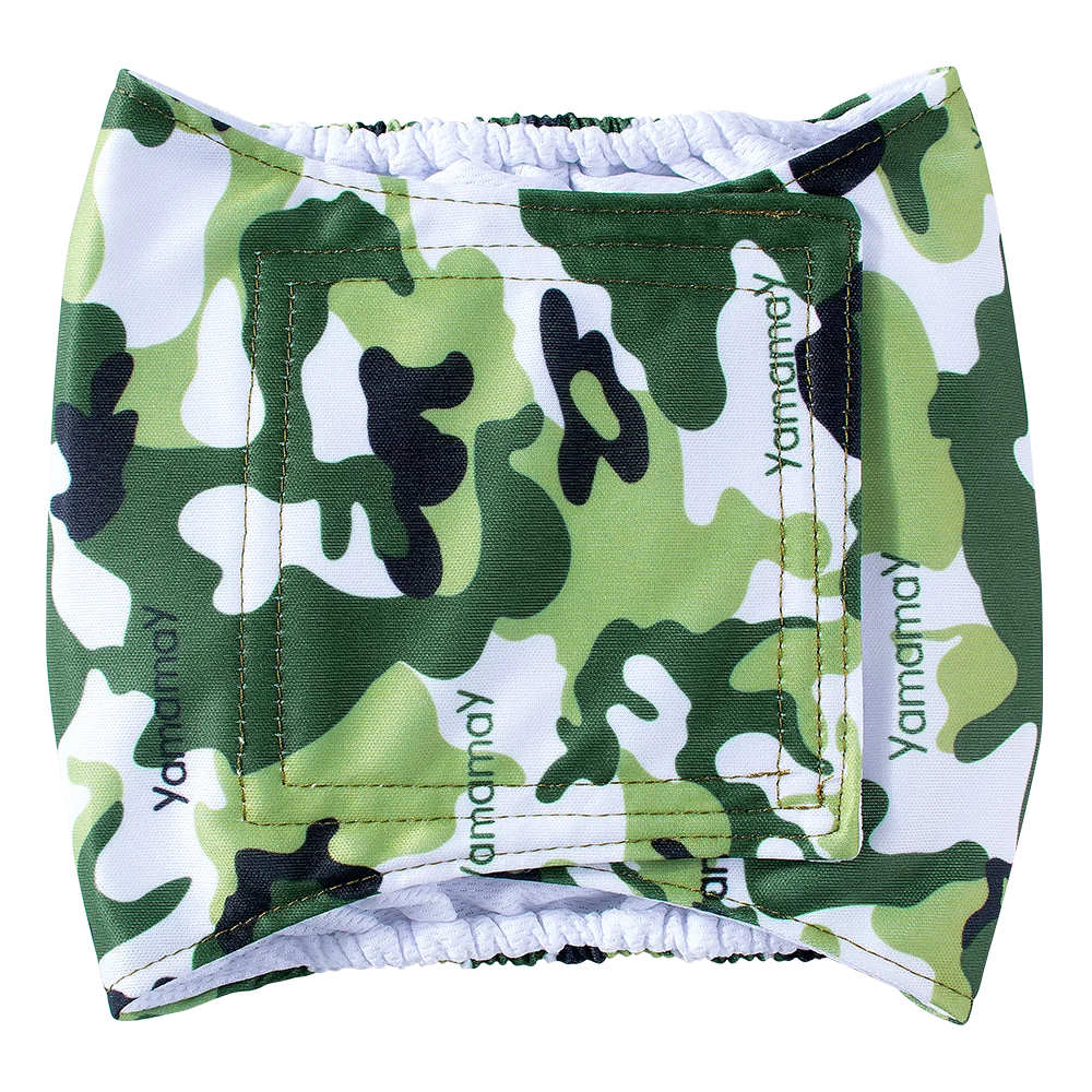A camouflage patterned washable belly band for a male dog, shown flat.