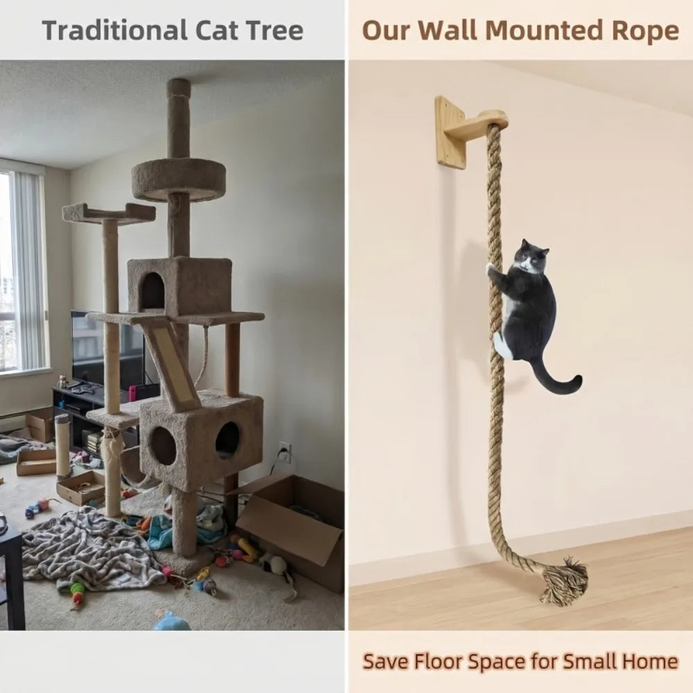 A black cat is climbing a thick, beige rope scratching post mounted on a white wall.