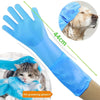 A blue pet grooming glove is shown next to a dog and cat, demonstrating its use for grooming.