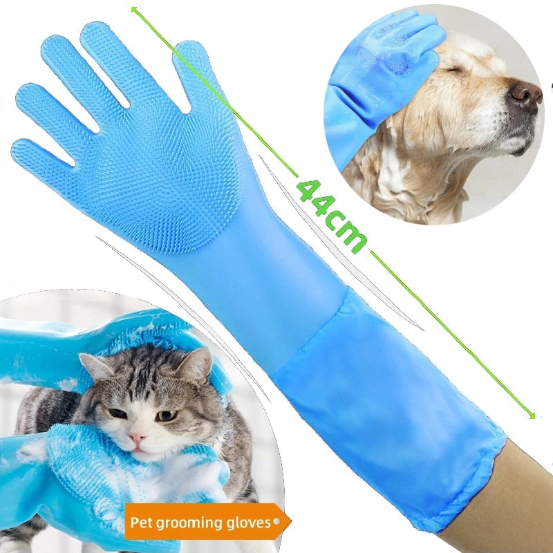 A blue pet grooming glove is shown next to a dog and cat, demonstrating its use for grooming.