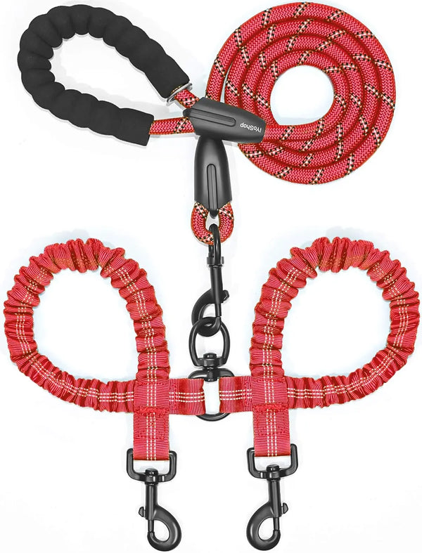 A red and black durable leather double dog leash with a shock absorbing bungee.