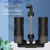 A black aquarium filter unit with a multi-effect design and bio sponge filter visible against a blue background.