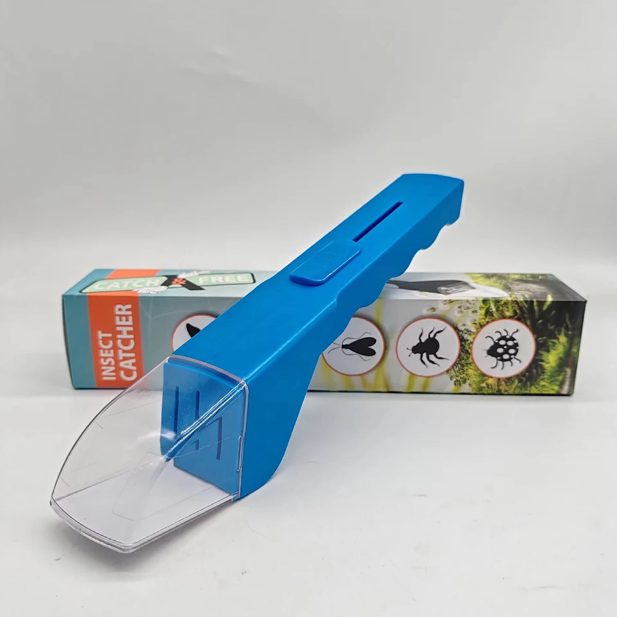 A blue portable handheld insect catcher tool next to its packaging box.