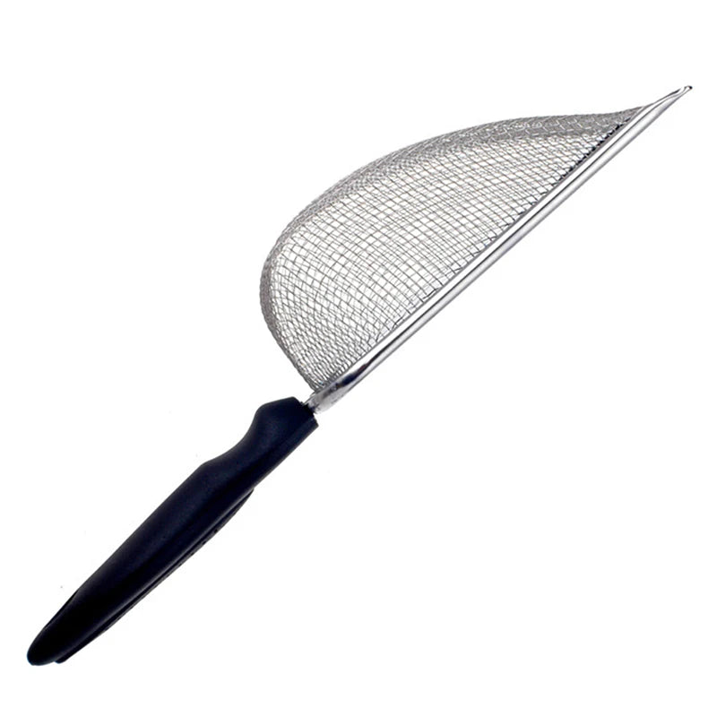 Stainless steel pet poop shovel with a mesh screen and a dark handle