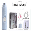 A blue LED lighting pet nail grinder product with accessories and packaging shown.