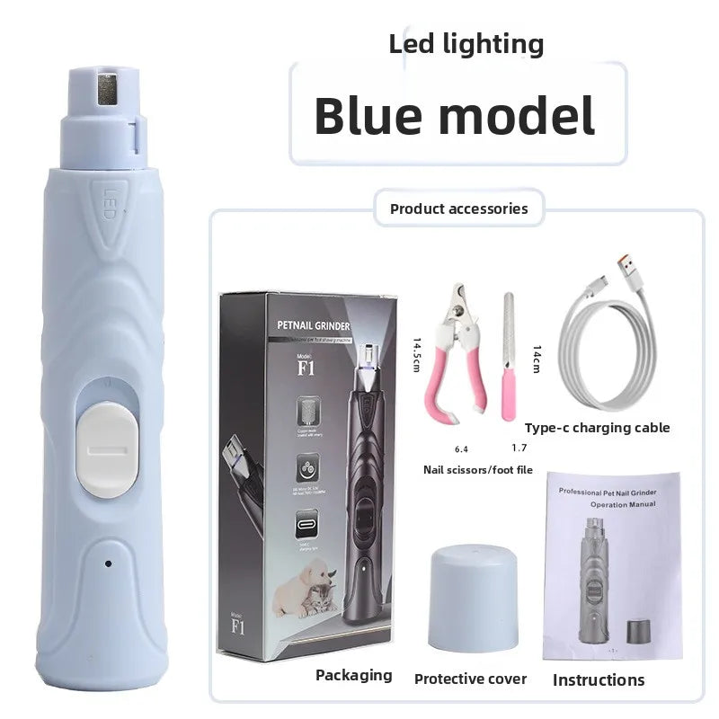 A blue LED lighting pet nail grinder product with accessories and packaging shown.