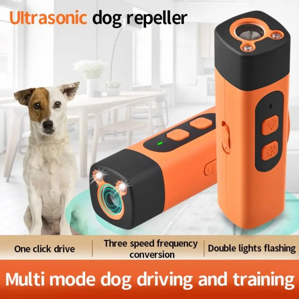 An orange ultrasonic dog repeller device is shown next to a dog, demonstrating multi-mode driving and training features.