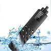 A black submersible aquarium heater with a power cord is shown submerged in splashing water.