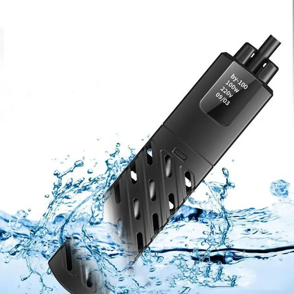 A black submersible aquarium heater with a power cord is shown submerged in splashing water.