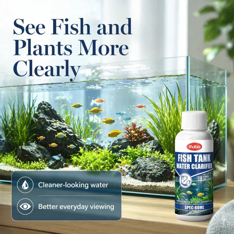 Une bouteille de clarifiant pour aquarium IFubo à côté d'un aquarium clair rempli de poissons et de plantes.