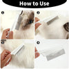 Four steps demonstrating how to use a multi-functional pet grooming comb and scratcher set on a cat's fur.