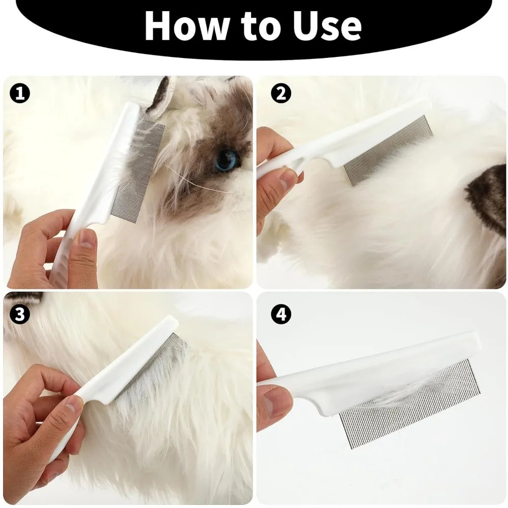 Four steps demonstrating how to use a multi-functional pet grooming comb and scratcher set on a cat's fur.