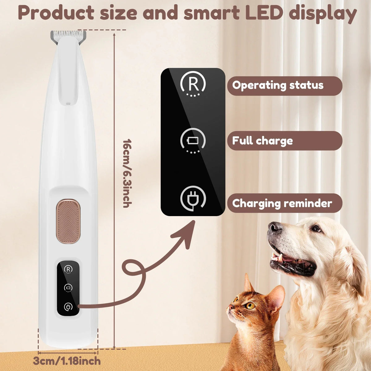 A white pet hair trimmer is shown next to a dog and a cat, illustrating its operating status and charging features.