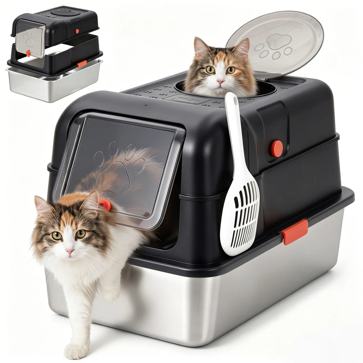 A stainless steel litter box for cats with a cat looking out of the opening.