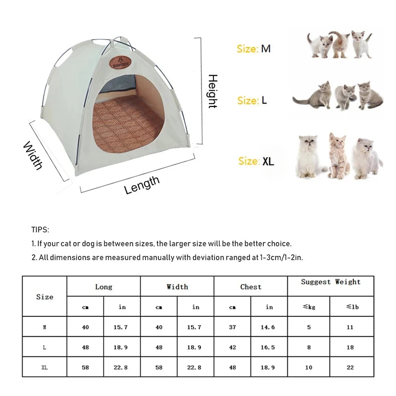 A white foldable pet tent shown in various sizes M, L, and XL with dimensions and weight suggestions.
