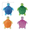 Four plush sea turtle toys in blue, green, orange, and purple.