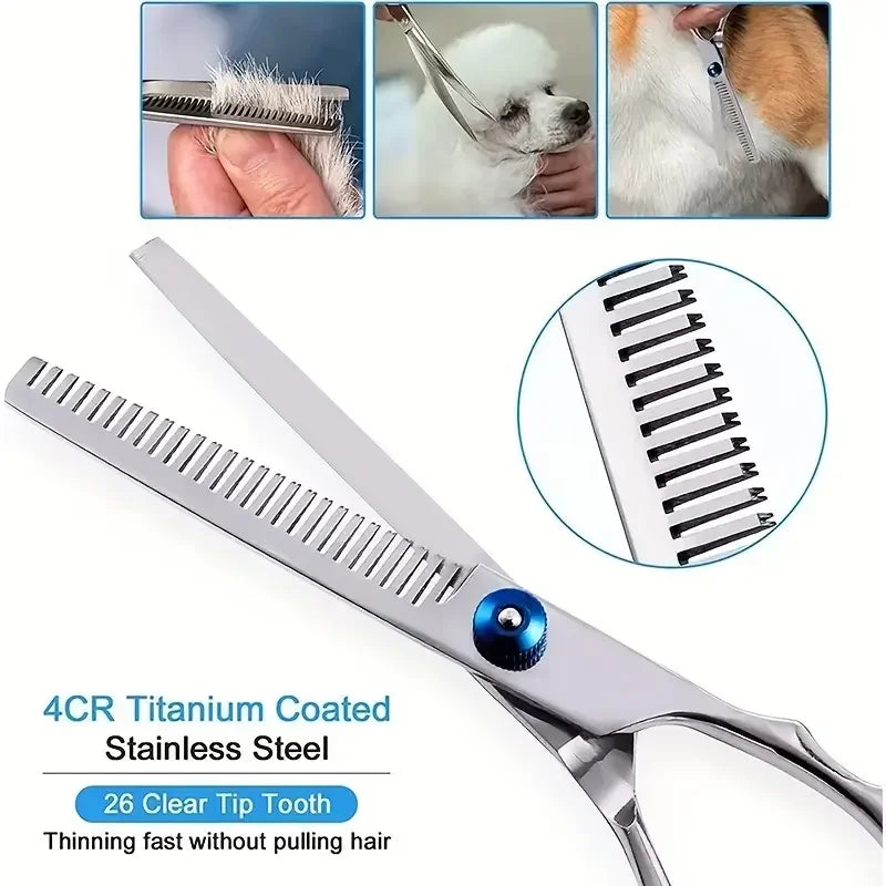Silver titanium coated stainless steel grooming scissors with 26 clear tip teeth for thinning hair