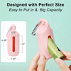 A pink silicone dog poop bag dispenser is shown being held by a hand, highlighting its size and design.