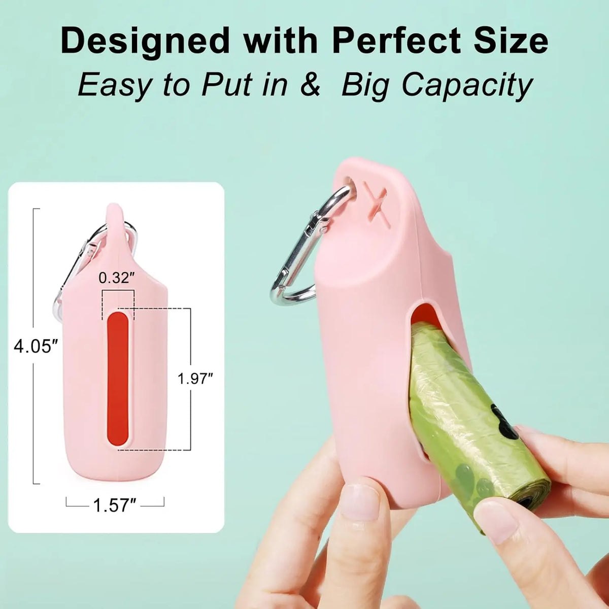 A pink silicone dog poop bag dispenser is shown being held by a hand, highlighting its size and design.