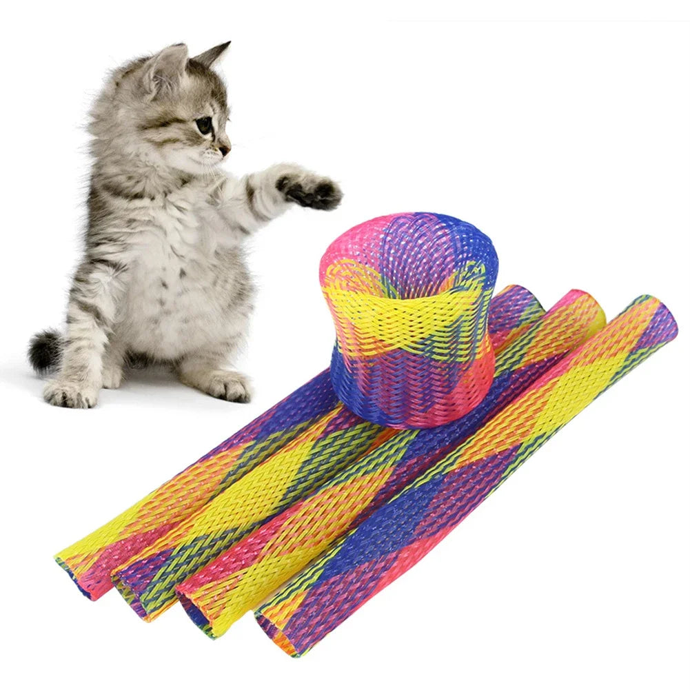 A fluffy gray kitten is sitting next to a colorful 10-pack of bouncy spring toys for cats.