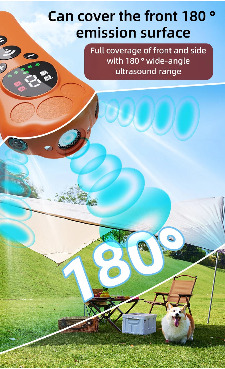 An orange ultrasonic device is shown emitting sound waves over a grassy outdoor scene with a dog.