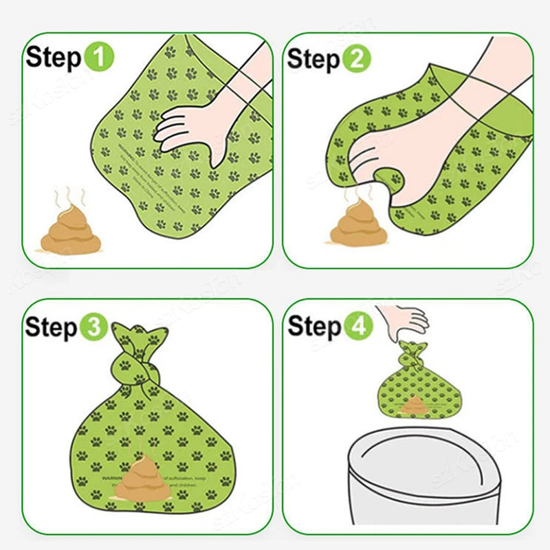 Four steps illustrating how to use a heavy duty cat litter shovel with a refill bag for scooping litter.