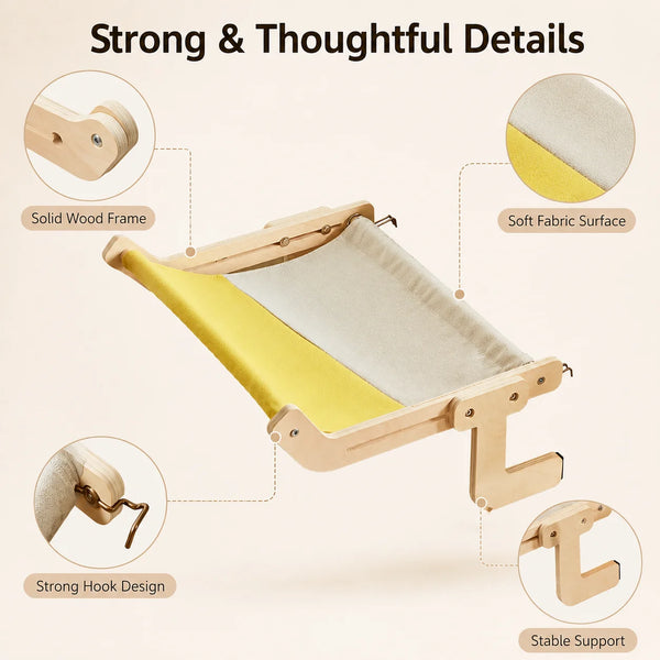 Diagram showing strong and thoughtful details of a cat hammock featuring a solid wood frame, soft fabric surface, strong hook