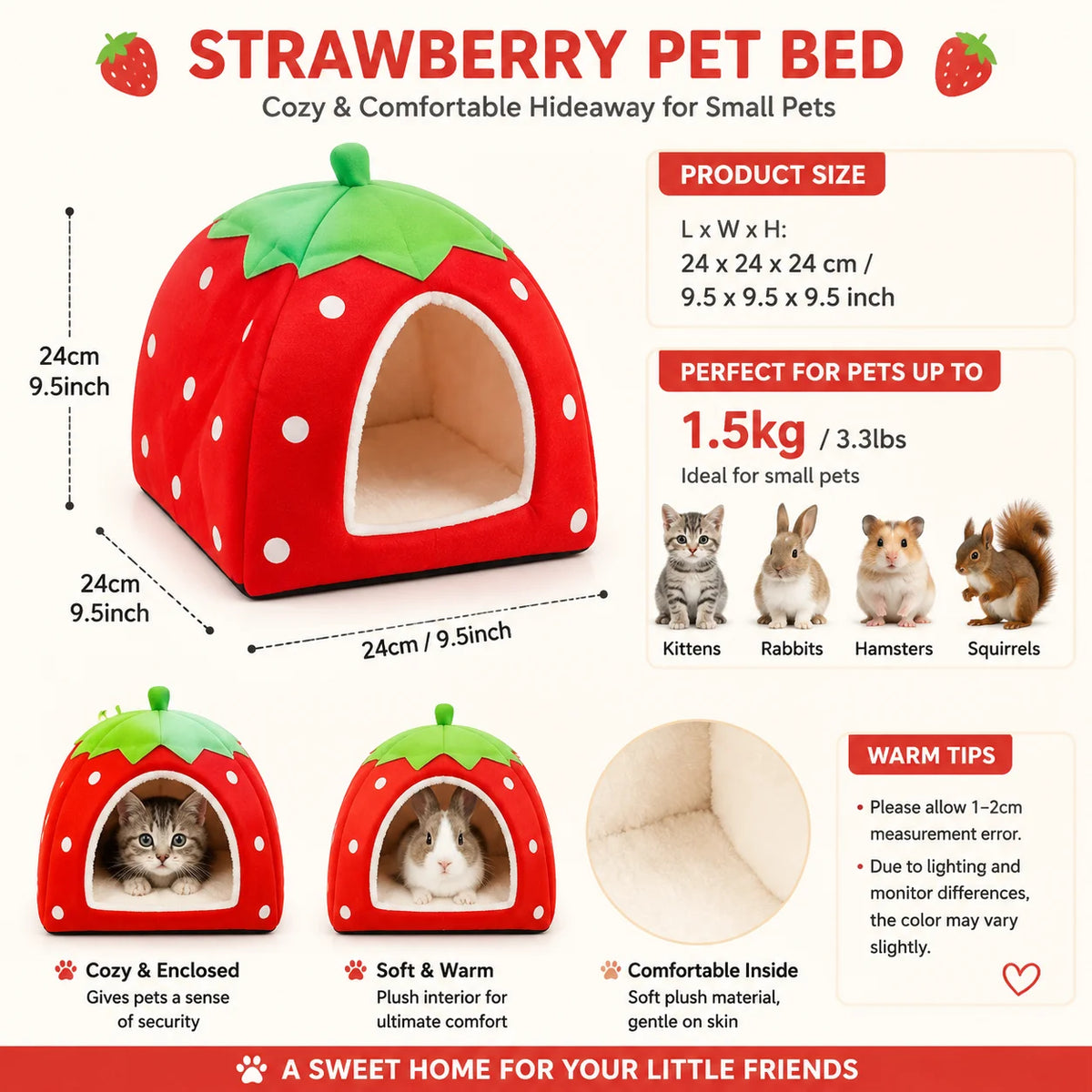 A red strawberry shaped pet bed for small animals with an entrance and soft interior