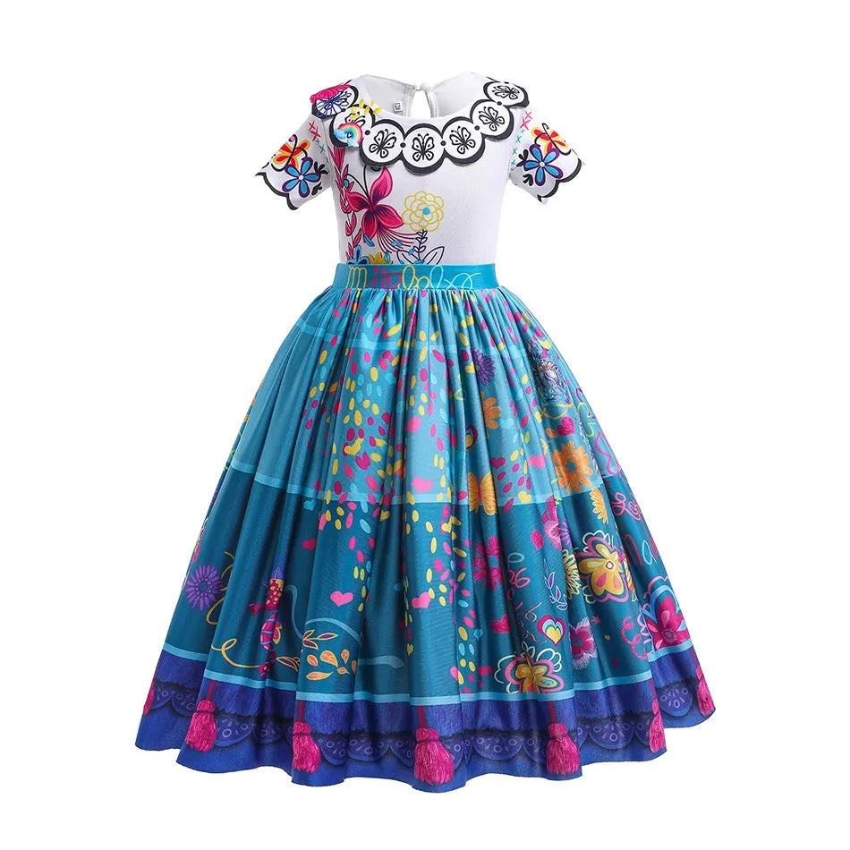 Buntes Prinzessinnenkostümkleid mit weißem Oberteil und blauem, blumenbedrucktem Rock.