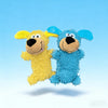 Two plush dog toys, one yellow and one blue, are shown against a light blue background.