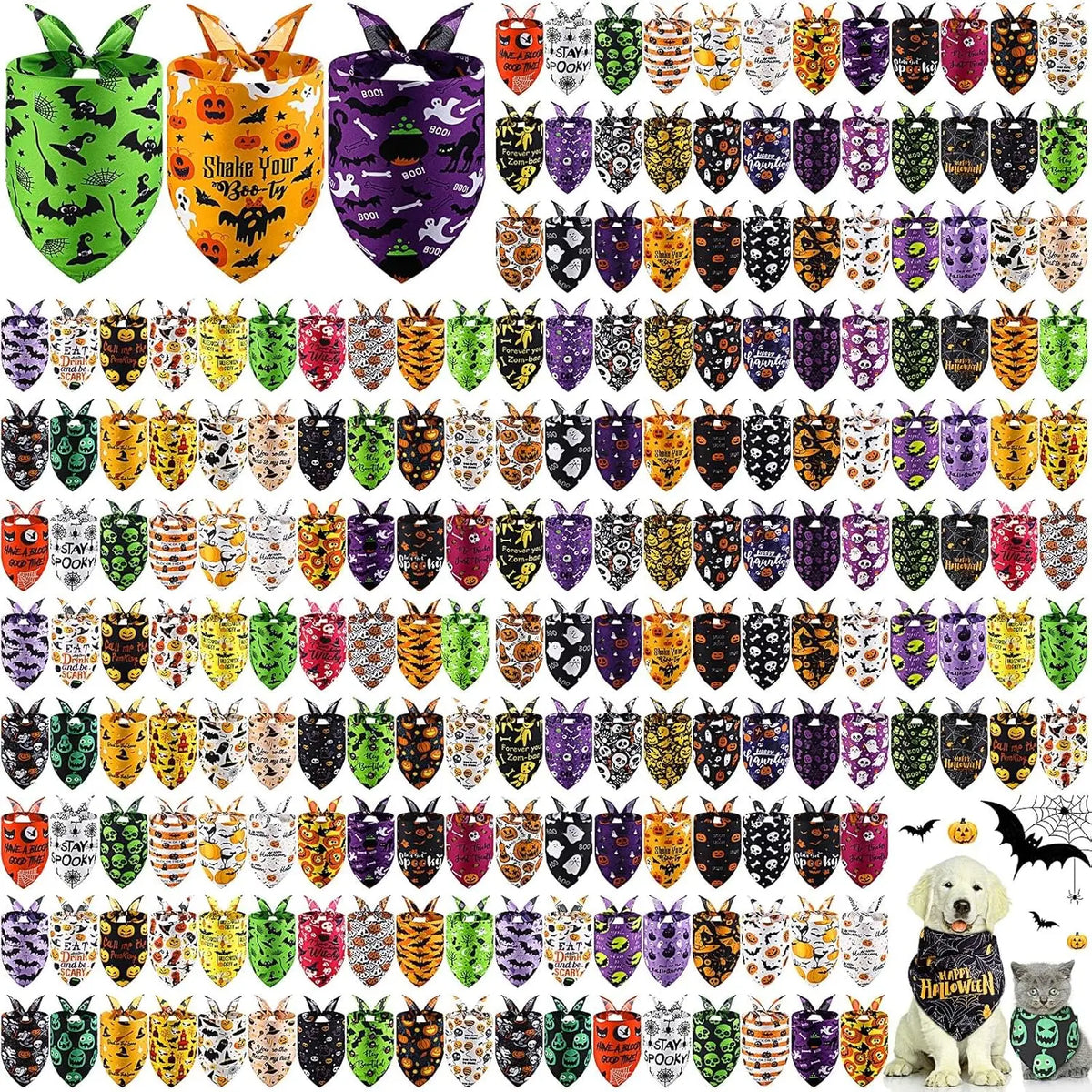 A collection of 100 dog bandanas featuring various Halloween and holiday themed prints.