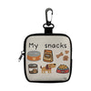 A black pouch for dog training treats with a hook and zipper, featuring illustrations of various treats.