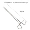 A straight head 24cm hemostatic forceps made of stainless steel.