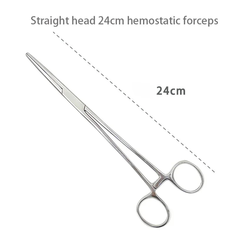 A straight head 24cm hemostatic forceps made of stainless steel.