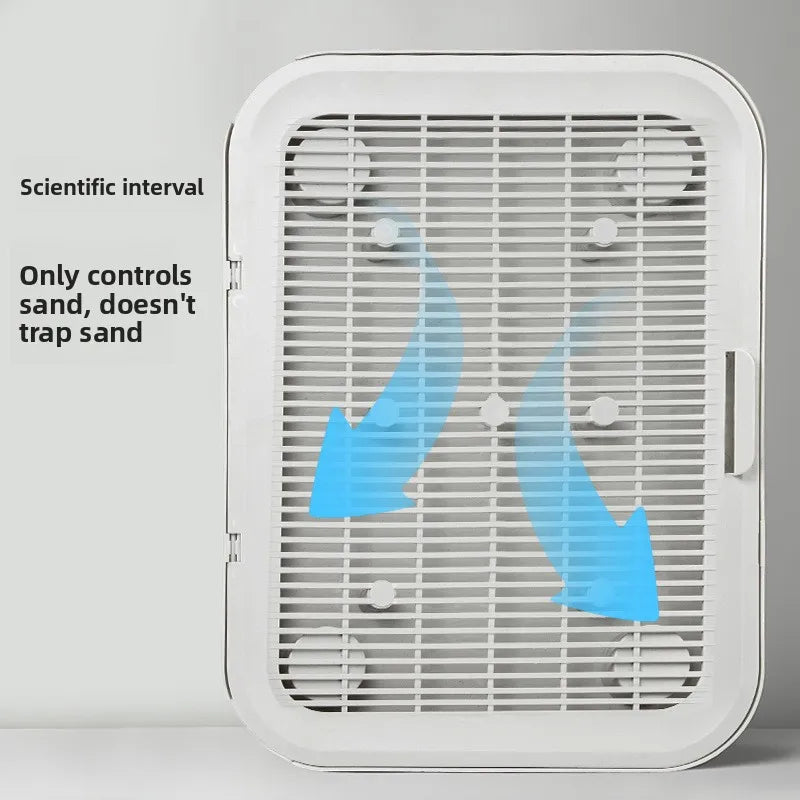 A white dual-layer cat litter mat with a perforated design showing an arrow indicating a scientific interval.