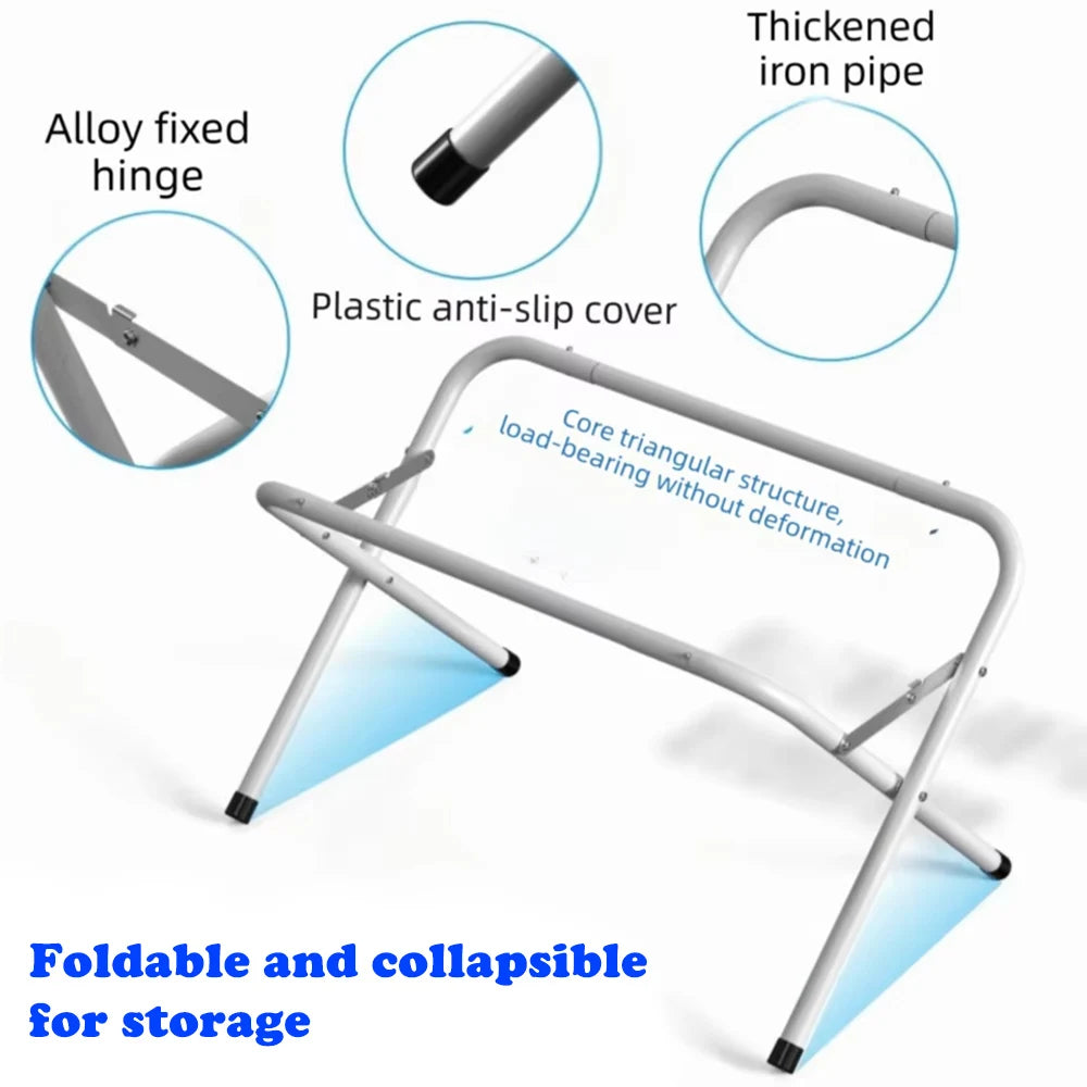 Foldable and collapsible iron pipe stand with a plastic anti-slip cover for storage.