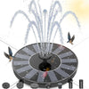 A solar powered water fountain is shown spraying water upwards in a circular design.