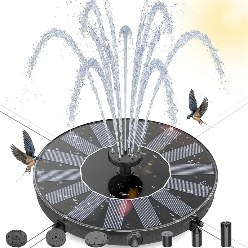 A solar powered water fountain is shown spraying water upwards in a circular design.