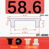 Black and white silicone rubber hole plugs shown next to a measurement diagram