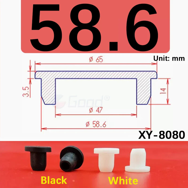 Black and white silicone rubber hole plugs shown next to a measurement diagram