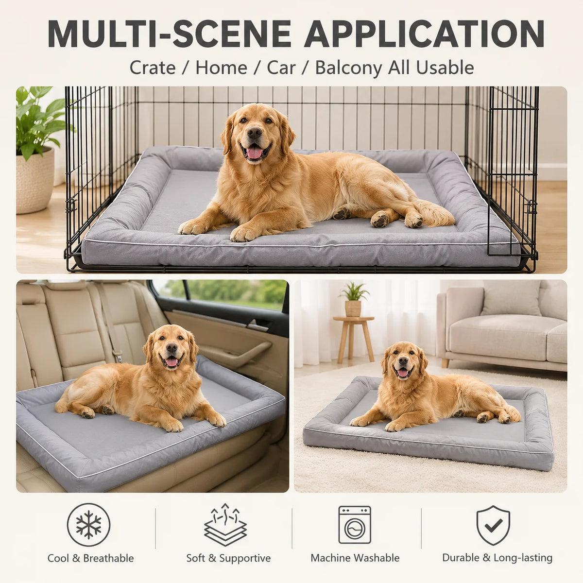 A multi-scene application pet mat shown in various contexts including a crate, car, and balcony.