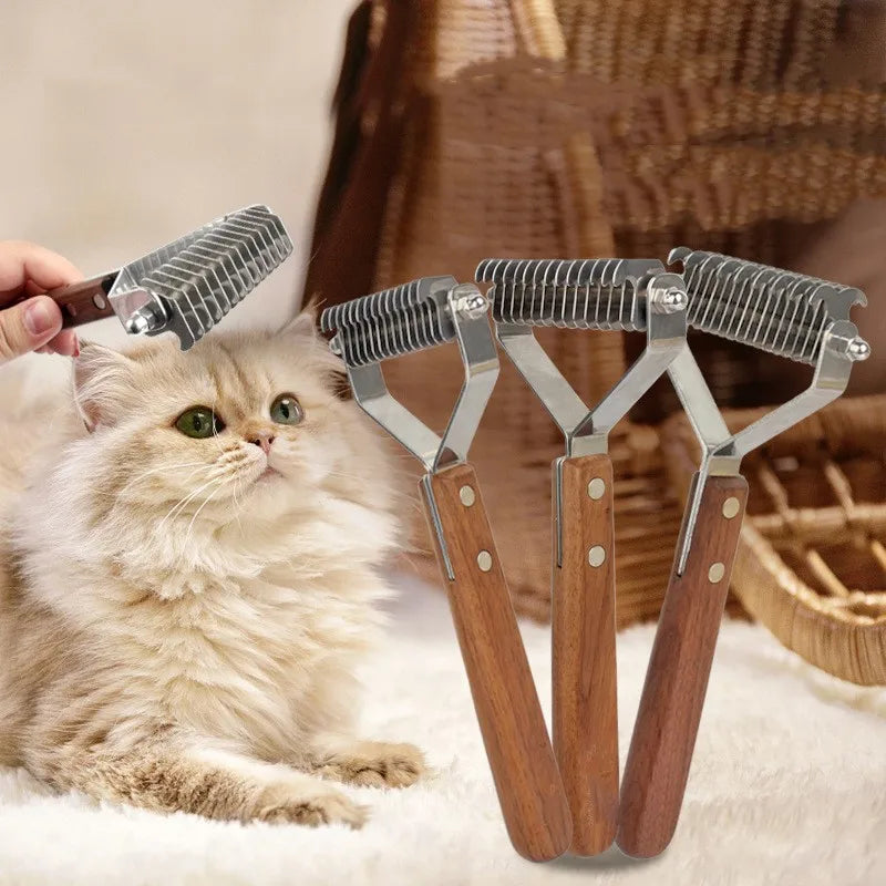 A fluffy ginger cat sits next to a set of wooden grooming combs and brushes.