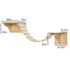 Wall-mounted wooden cat climbing shelf and hammock with dimensions shown.
