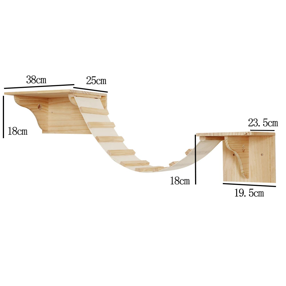 Wall-mounted wooden cat climbing shelf and hammock with dimensions shown.