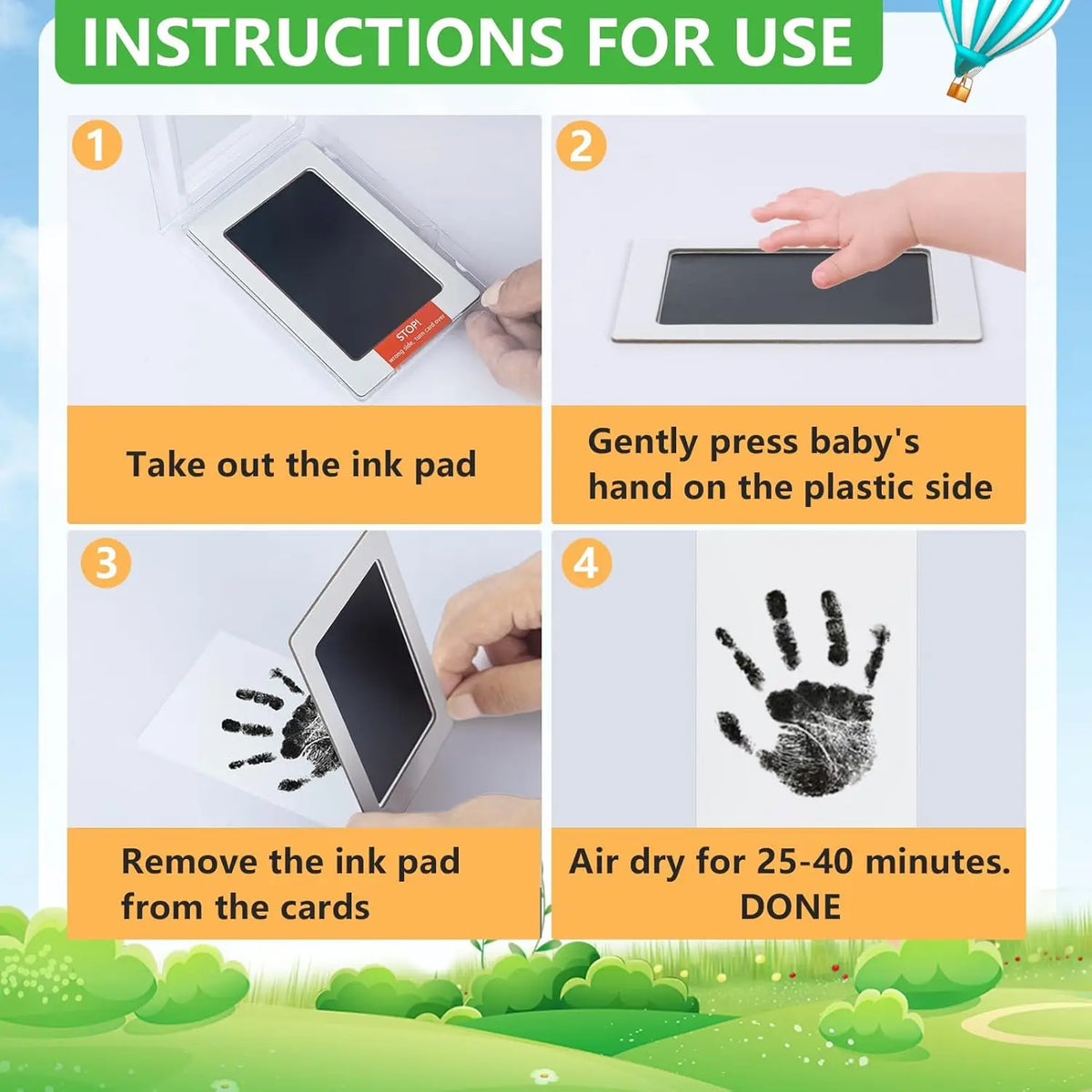 Instructions pour utiliser un kit de 4 empreintes de pattes d'animal, montrant comment retirer les tampons d'encre et sécher 