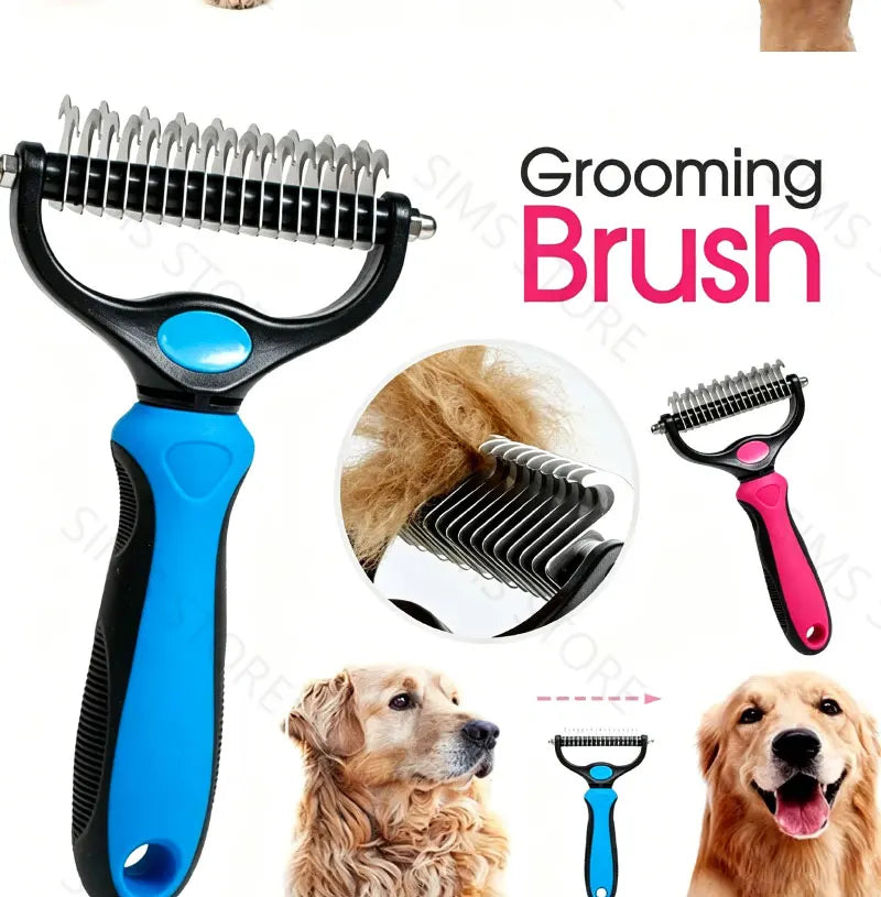A black and blue grooming brush for pets shown next to a close-up of the brush and several dogs.