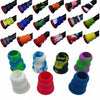 A collection of silicone bat grip knobs in various colors and shapes, including grips for baseball bats.
