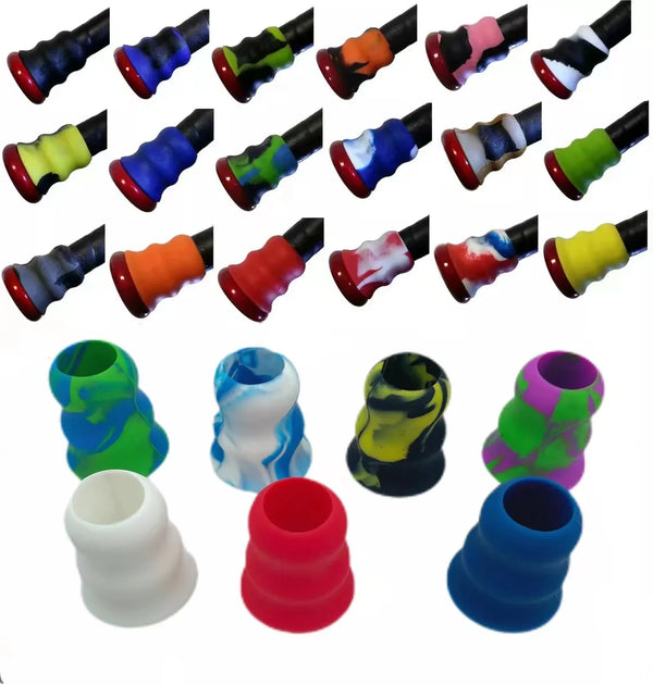 A collection of silicone bat grip knobs in various colors and shapes, including grips for baseball bats.