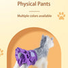 A gray dog is wearing a purple multi-purpose physical pants or skirt for pets.
